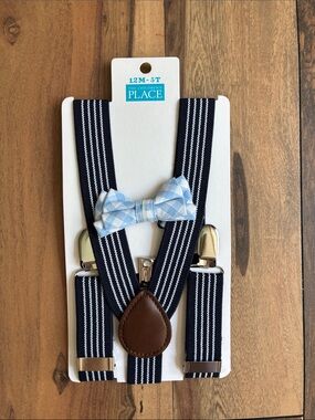 The Children's Place Navy and Light Blue Striped Kids Suspenders with Bow Tie